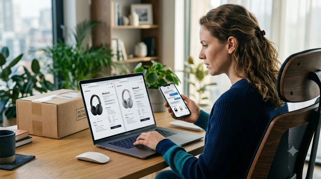 Shopper comparing products on a laptop while using a conversational shopping assistant