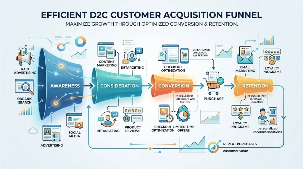 D2C customer acquisition funnel from awareness to retention