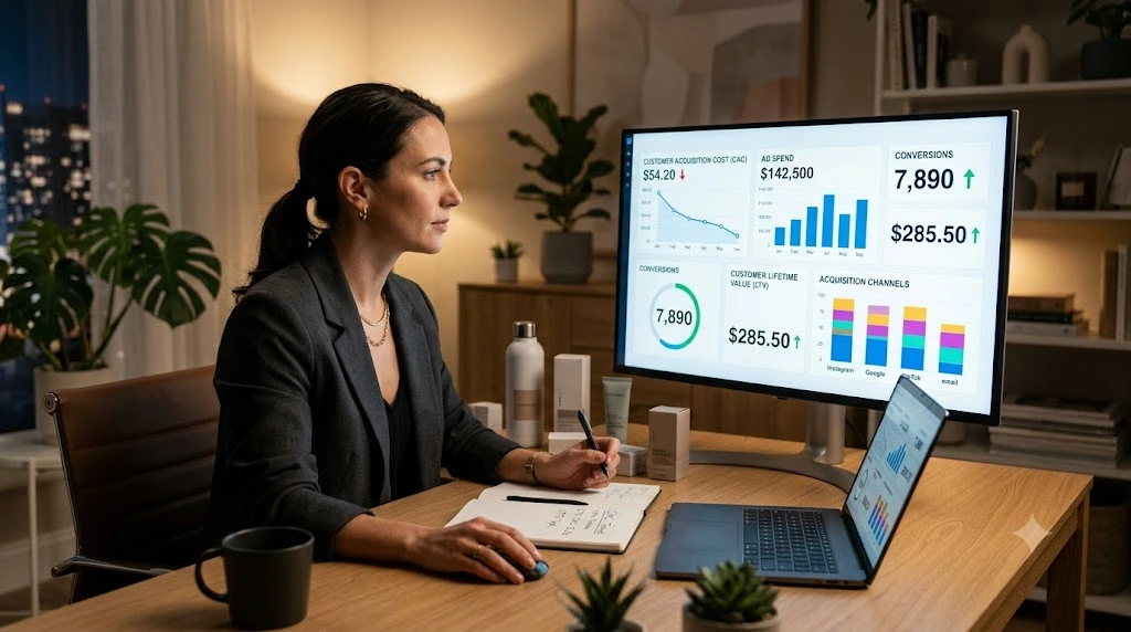 D2C founder analyzing customer acquisition cost and marketing performance
