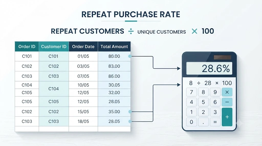 Diagram showing the repeat purchase rate formula using repeat customers and unique customers