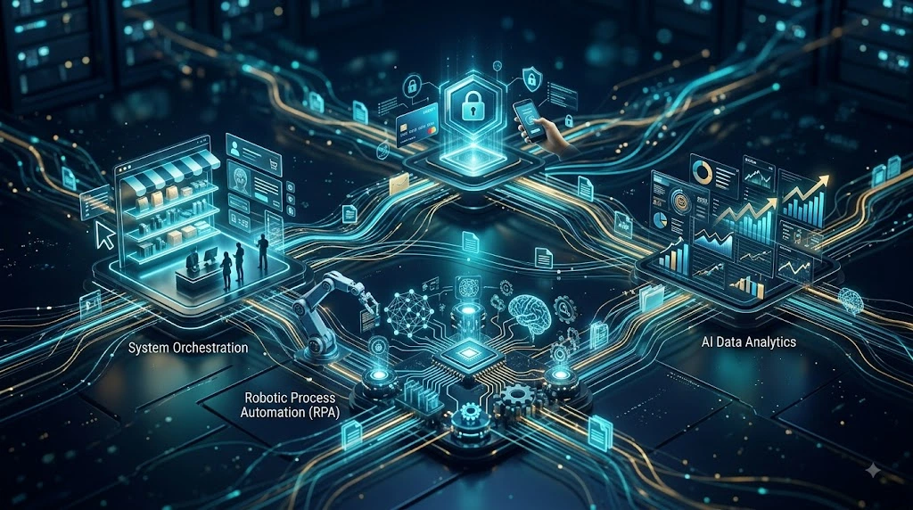 AI automation workflow connecting intelligent commerce processes