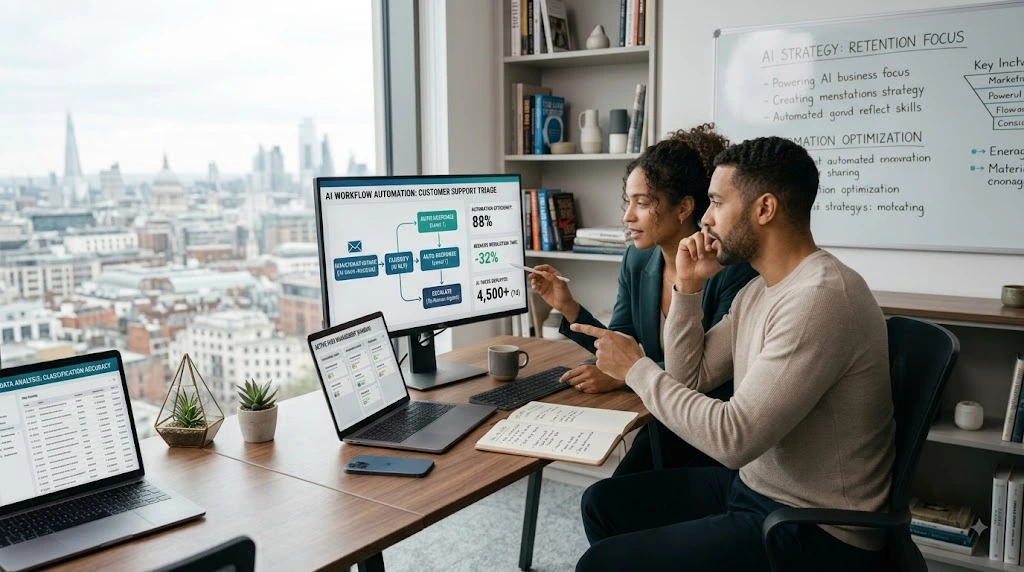 Business professionals monitoring AI-powered automated workflows