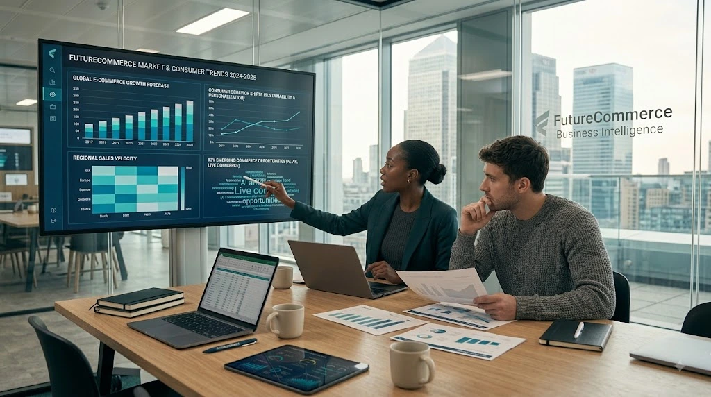 Business strategists analyzing market trends and commerce forecasts