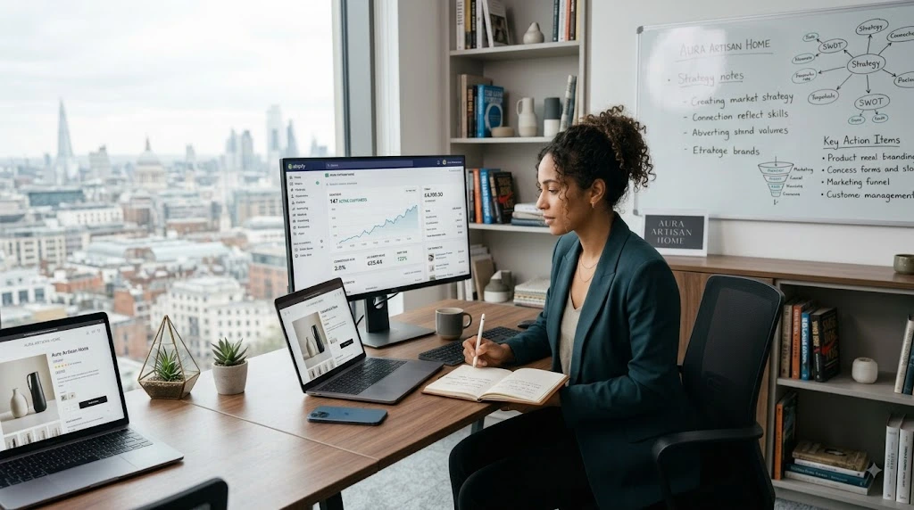 Entrepreneur managing an online business with sales and conversion analytics