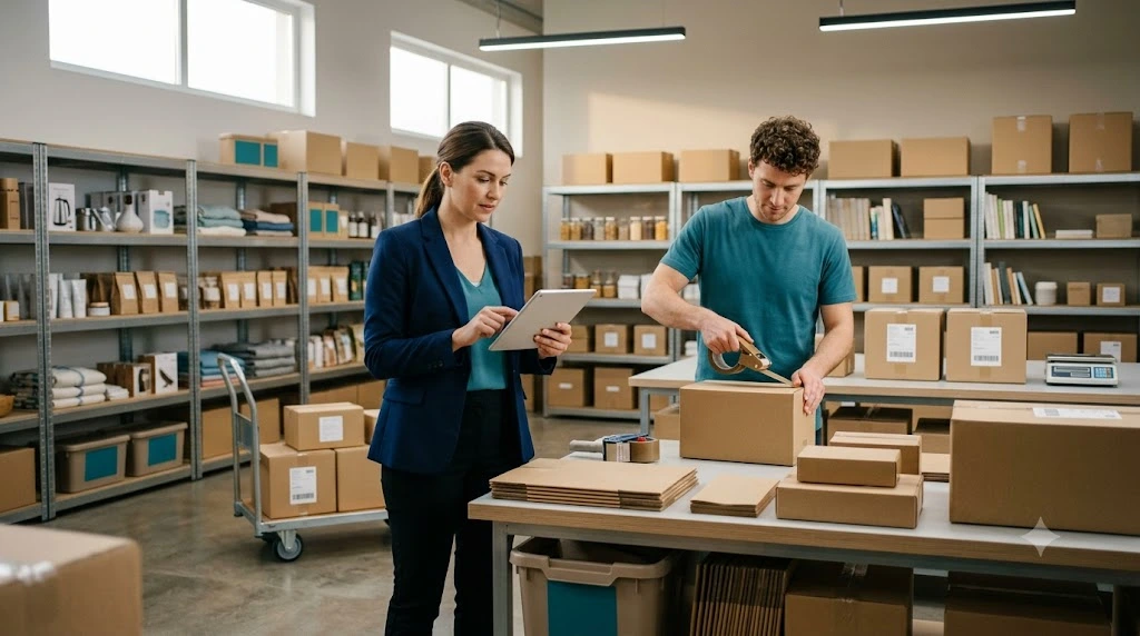 Retail team checking an order on a tablet and packing products for dispatch