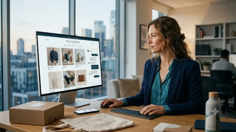 Ecommerce trends 2027 concept showing a founder reviewing an online store and AI shopping interface