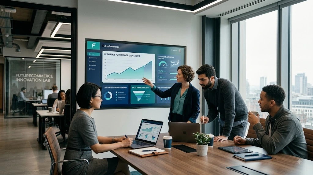 Digital commerce team working with AI automation and business analytics