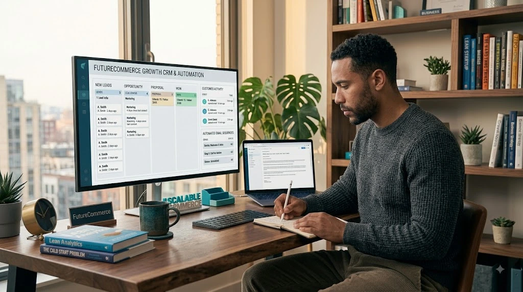 Entrepreneur managing customer relationships and automated sales workflows