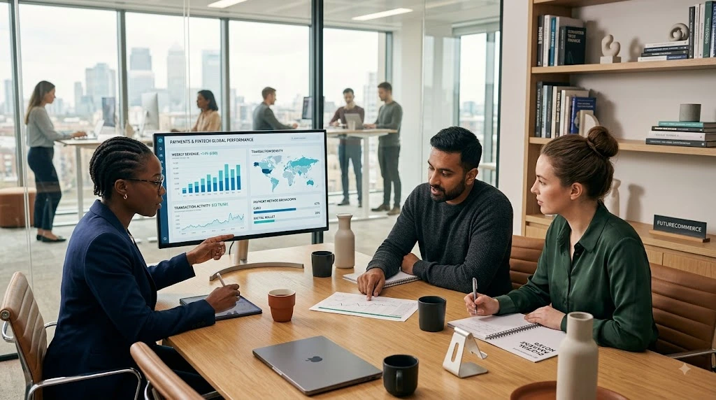 Fintech team analyzing digital payment transactions and financial data