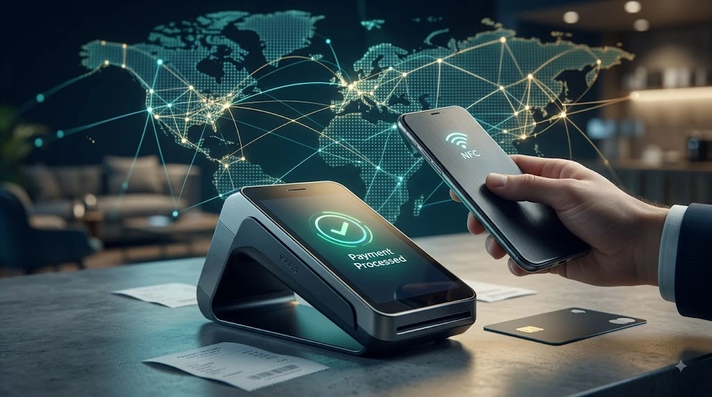 Digital payment terminal representing modern fintech transactions