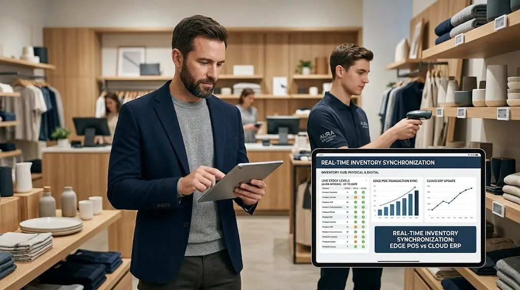 Retail manager checking real-time inventory synchronization in a modern store
