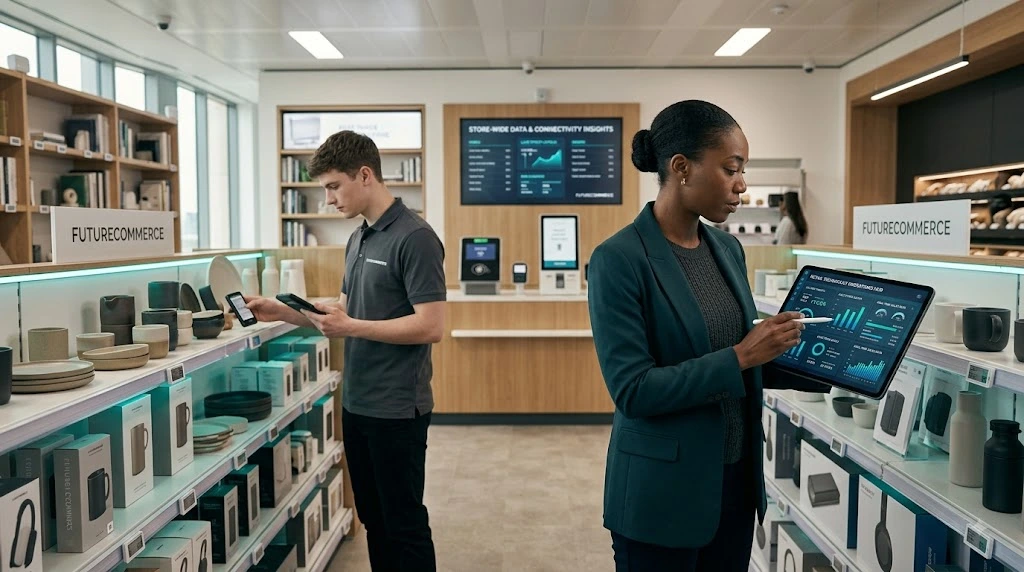 Retail manager using technology to monitor smart store operations and inventory