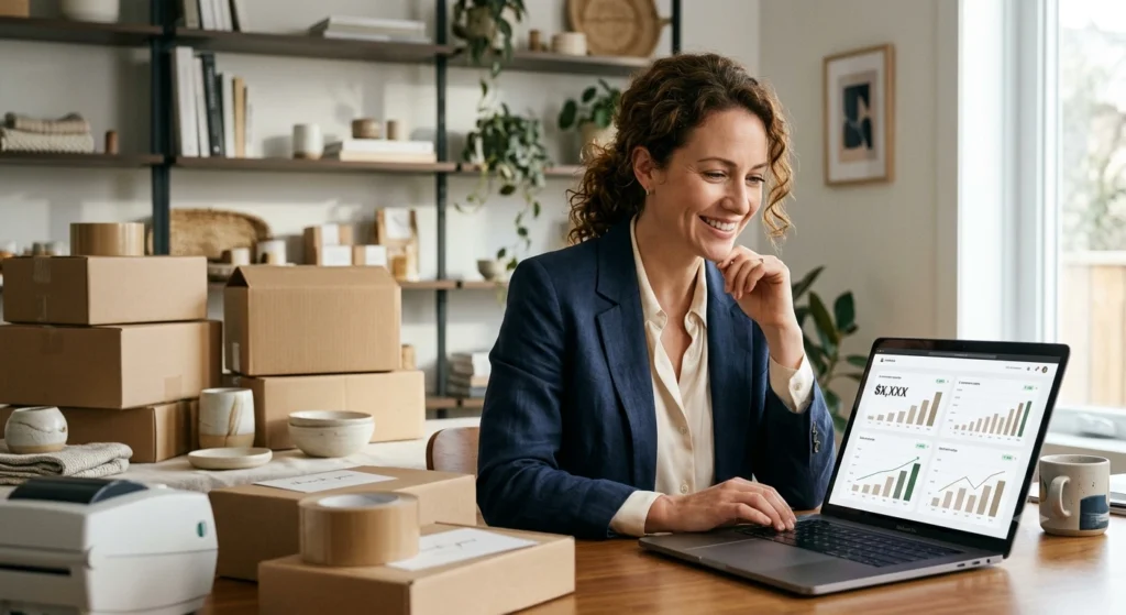 Small business owner celebrating a successful online store