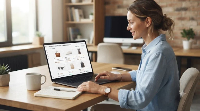 Ecommerce store owner reviewing AI product tagging suggestions on a lapto