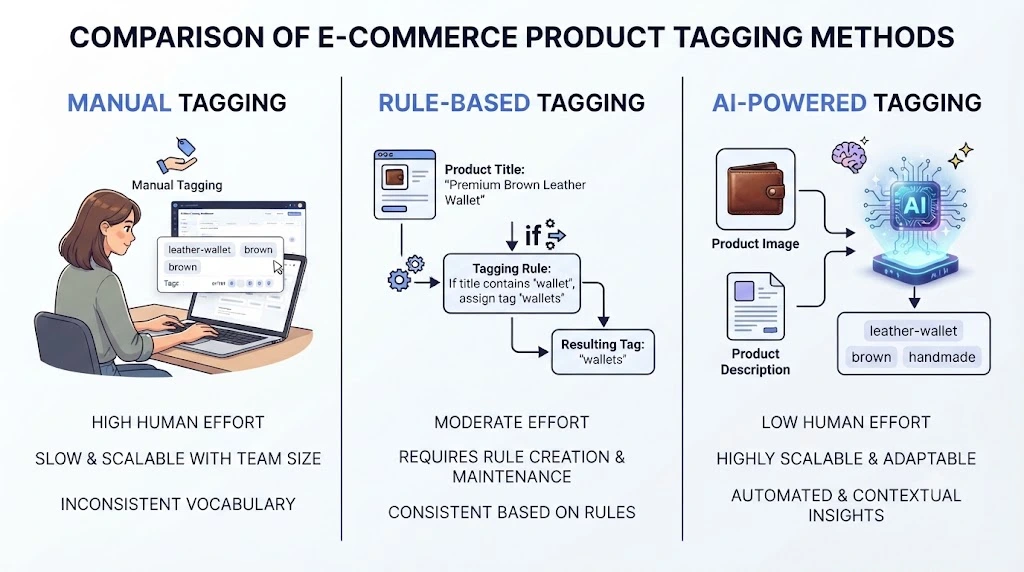 Comparison of manual, rule-based, and AI-powered ecommerce product tagging methods