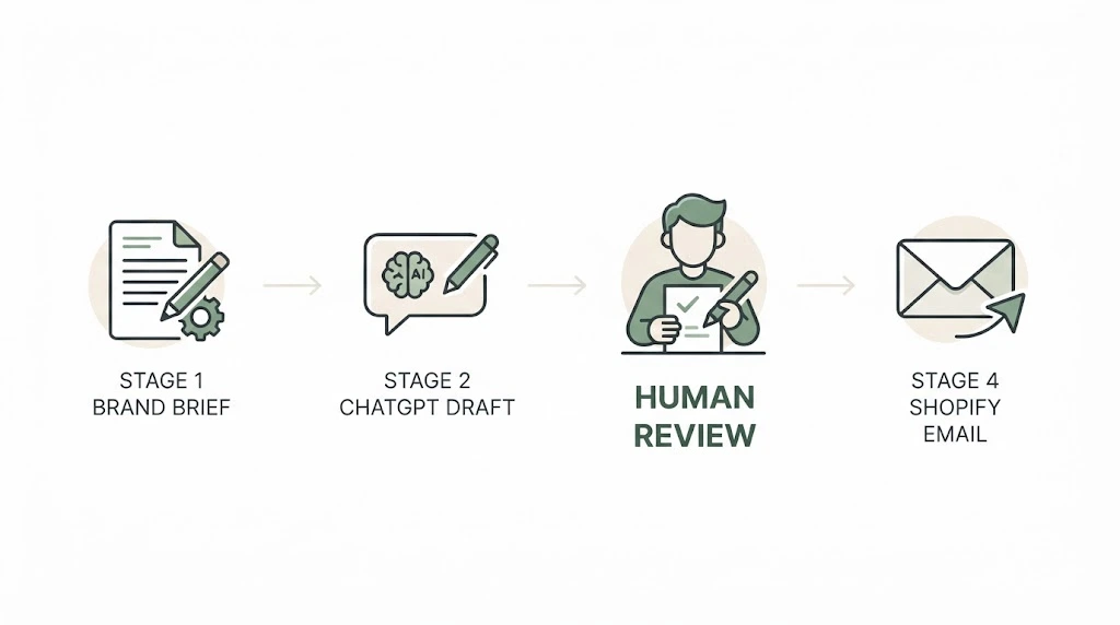 Four-step workflow showing a brand brief, ChatGPT email draft, human review and final Shopify email