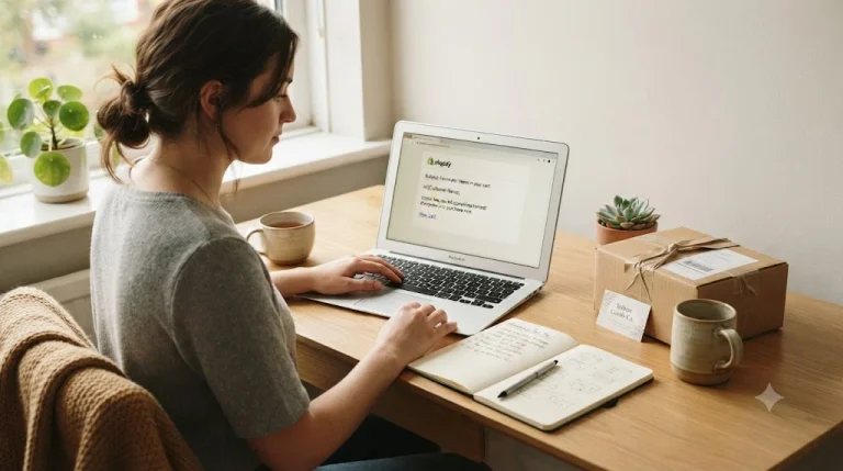 Small ecommerce business workspace with a laptop displaying an abandoned checkout email draft