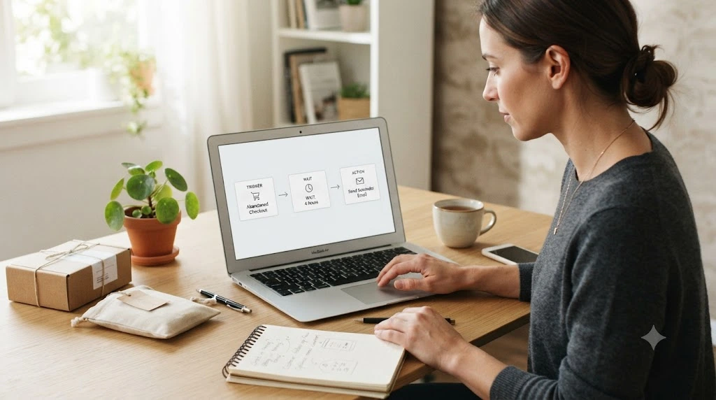 Ecommerce store owner reviewing an email automation workflow on a laptop